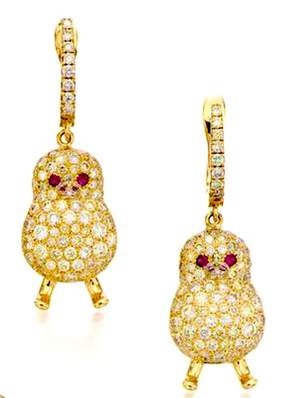 Pretty chickadee earrings with diamonds and rubies