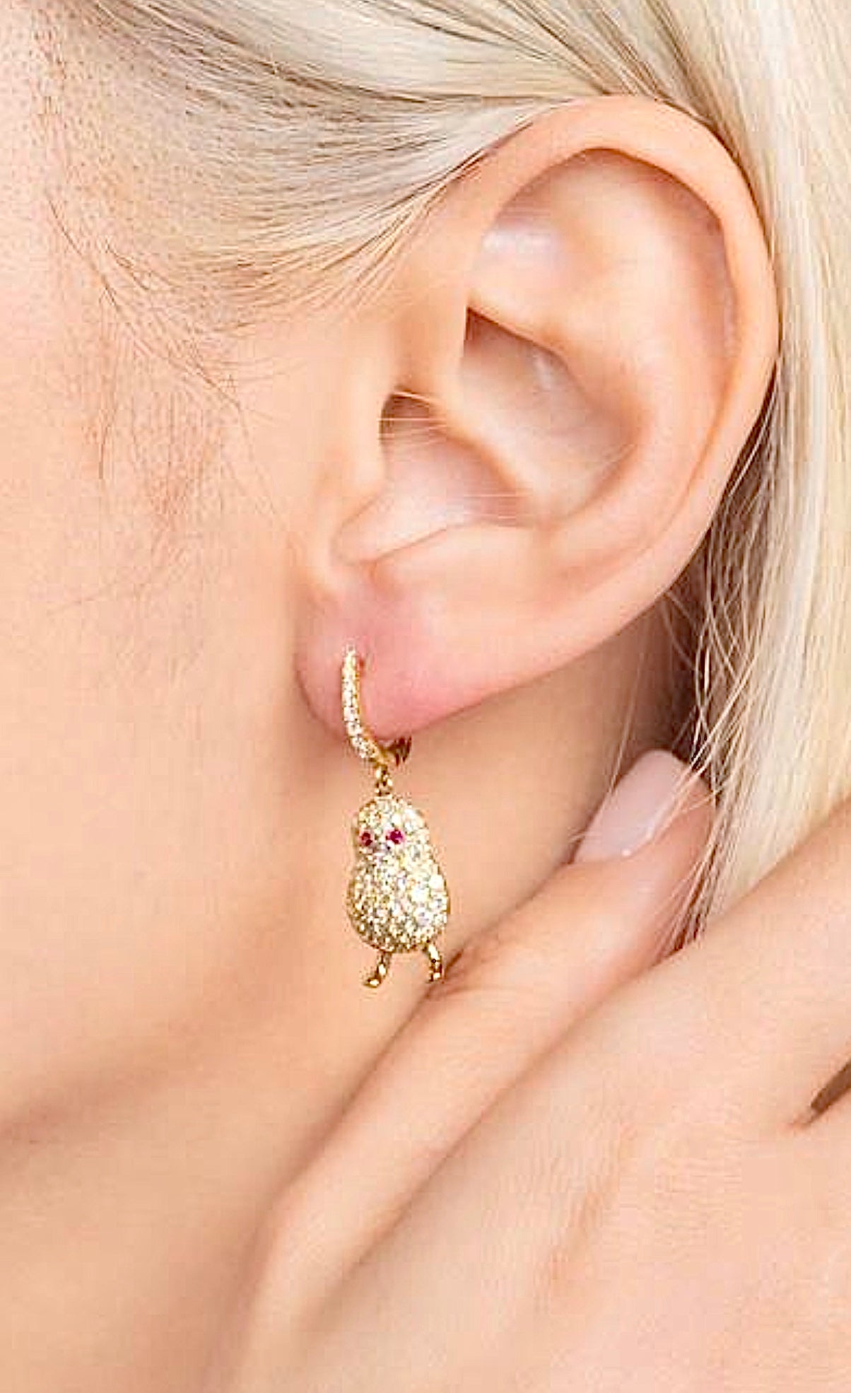 Pretty chickadee earrings with diamonds and rubies